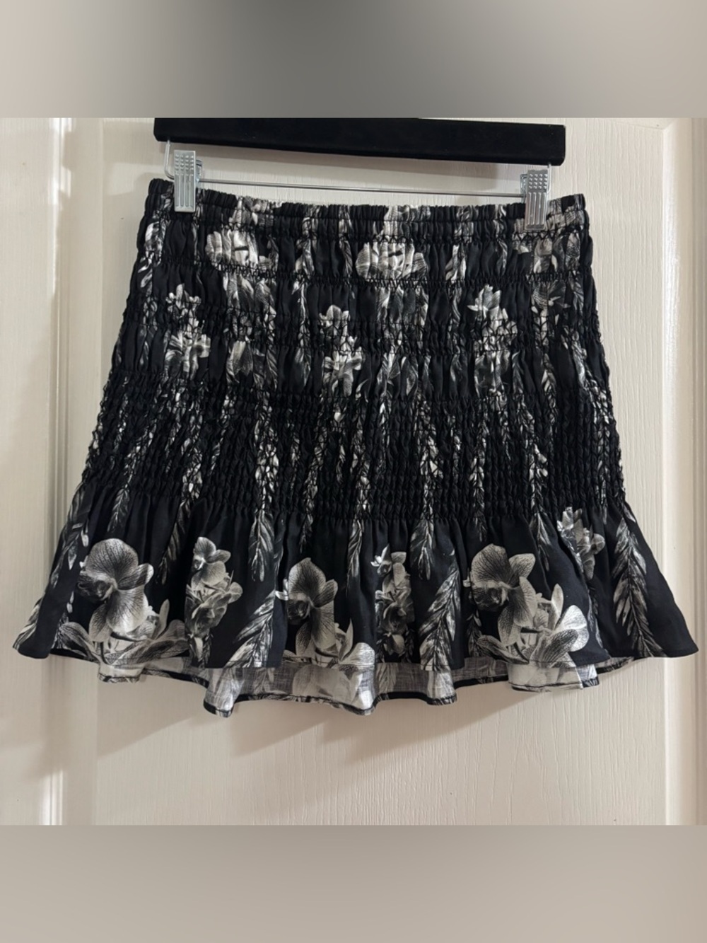 All Saints Black Linen Mini Skirt with White Floral Print